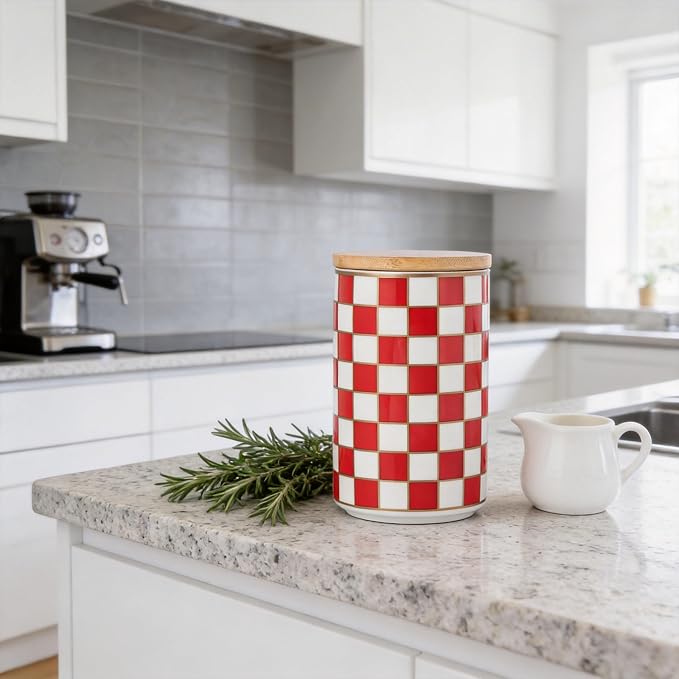 Kitchen Countertop Ceramic Checkered Canisters,Black And White Food Storage Containers With Lid,Airtight Kitchen Canisters for Flour, Sugar, Coffee, Tea, and Dry Goods (Red, Large)