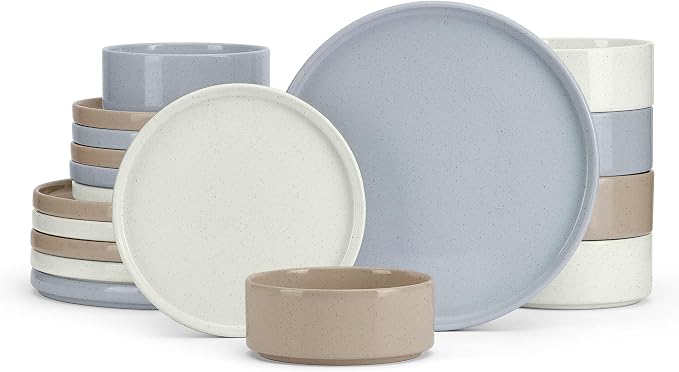 E-far Dinnerware Sets for 6, 18-Piece Stoneware Plates and Bowls Sets | Modern Kitchen Dining Dishware, Chip and Scratch Resistant, Microwave & Dishwasher Safe, Speckled Multicolor