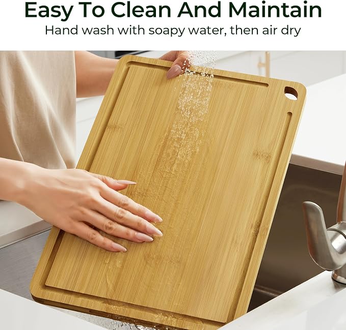 Keechee Natural Bamboo Cutting Board Set of 2, Wood Chopping Blocks | Deep juice grooves, built-in handles, versatile two piece set for meat, cheese and fruit
