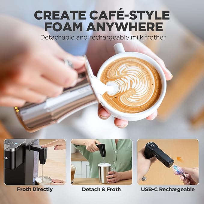 Tastyle Single Serve Coffee Maker with Built-in Detachable Milk Frother | For K Cups & Grounds, 40oz Removable Water Tank, 6 Brew Sizes, 2 Drip Trays, BPA Free, Fits 7.3" Travel Mug, K330MF, Black