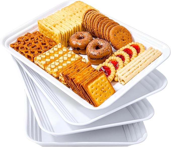 SUT 16" x 11" Large White Serving Trays, 4-Pack Reusable Plastic Platters for Cookies, Appetizers, Charcuterie, Snacks, Desserts and Party Food, Stackable Serving Tray Set