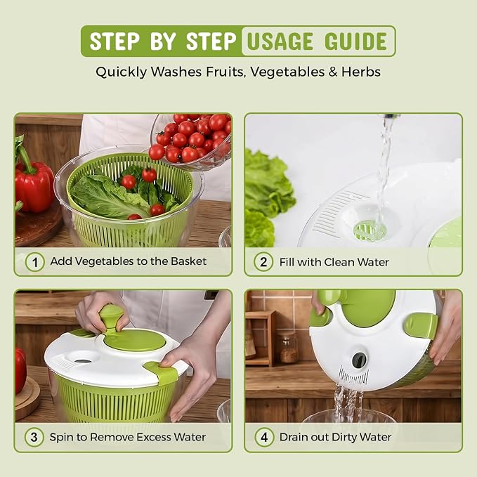 Salad Spinner, Lettuce Spinner with Drain, Vegetable and Fruit Washer, Salad Dryer for Washing, Spinning, and Drying Greens, Fruits and Vegetables, 5.3 Quarts Capacity