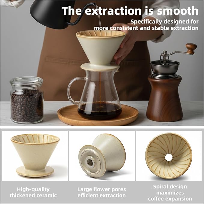DIF DECO Ceramic Pour Over Coffee Dripper, Reusable Porcelain Portable Pour Over Coffee Maker, Slow Brewing Accessories with 1 Holes for Home, Office, Travel, Camping (Brown)