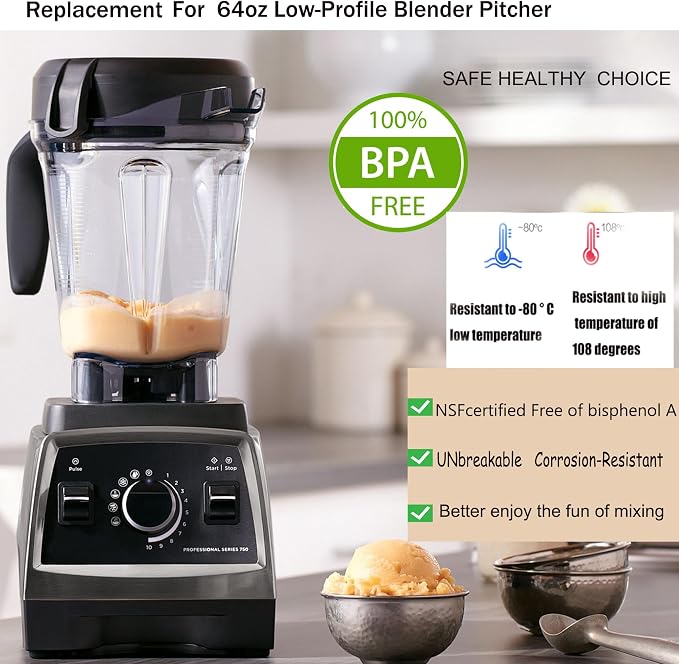 Blender Pitcher 64oz Low-Profile,Compatible with Vit 780 750 7500 5000 5200 Vm0102 Vm0103 Vm0197 E310 Professional/Commercial/Classic Series etc Blender,Blender Container Jar Cup,10 Years Warranty