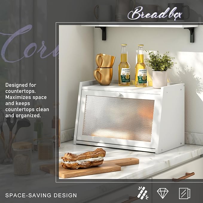 Large Farmhouse Bread Box with Window -White Natural Wood Bread Storage Container for Kitchen Countertop