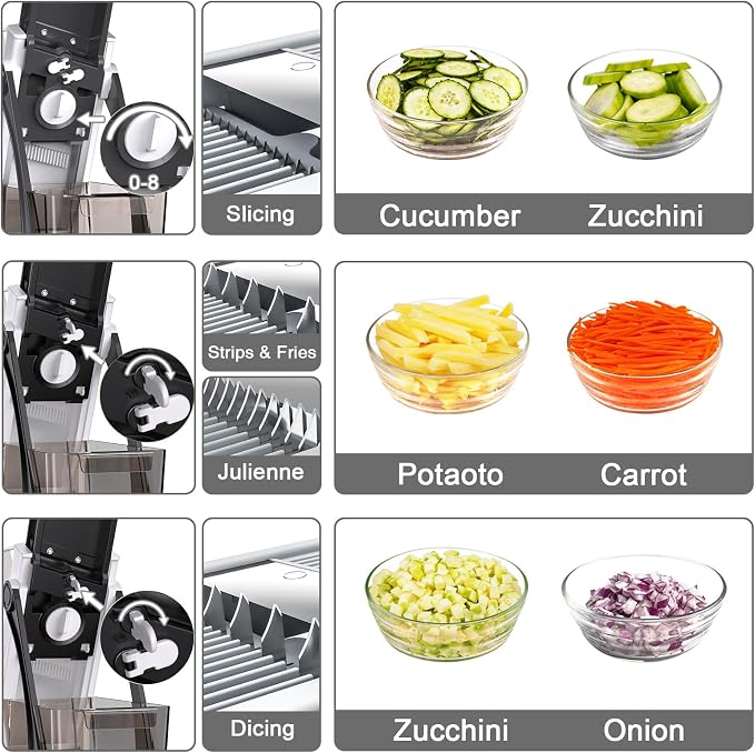 All-in-1 Safe Mandoline Slicer for Kitchen, Food Chopper with Container | 0.1-8mm Thickness Vegetable Chopper, Safe Mandoline Slicer, Potato French Fry Cutter Tomato Apple Slicer Onion (BlackWhite)