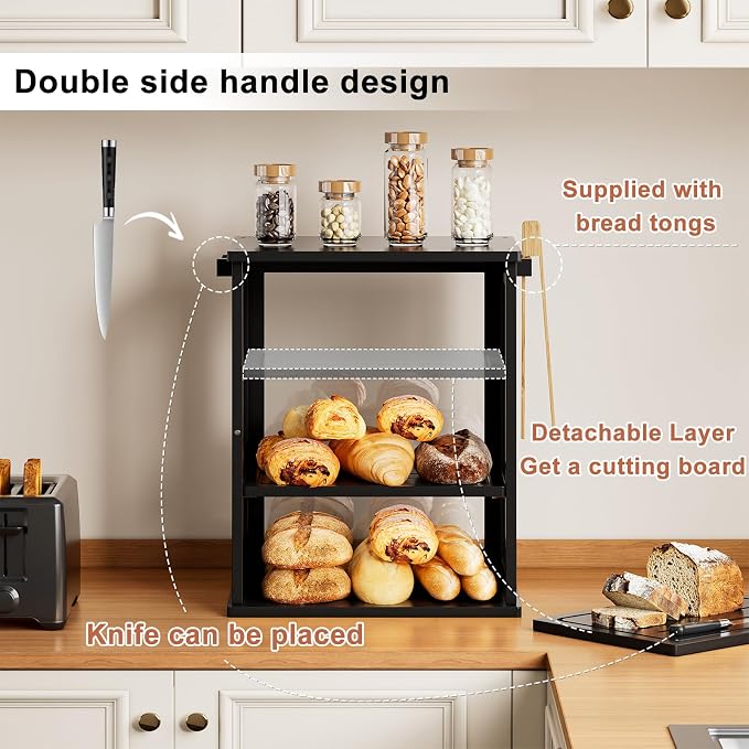 WOWLIVE Bread Box for Kitchen Countertop, 3 Layers Bread Storage Container | Large Bamboo Bread Bin for Homemade Bread with Window, Farmhouse Breadbox Organizer for Kitchen, Cabinet, Black, Meduim