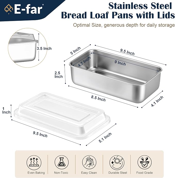 E-far Loaf Pan with Lids, 9 x 5 Inch Stainless Steel Bread Pan | for Homemade Bread, Rectangle Baking Tins for Sourdough, Meatloaf, Banana Cake, Nontoxic & Dishwasher Safe