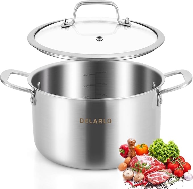 DELARLO Tri-ply Stainless Steel 5 Quart Heavy Duty Induction Stock Pot | Stockpot with Lid, All Stoves Compatible Up to 600℉, Kitchen Essentials Soup Pot with lid Fast Even Heat