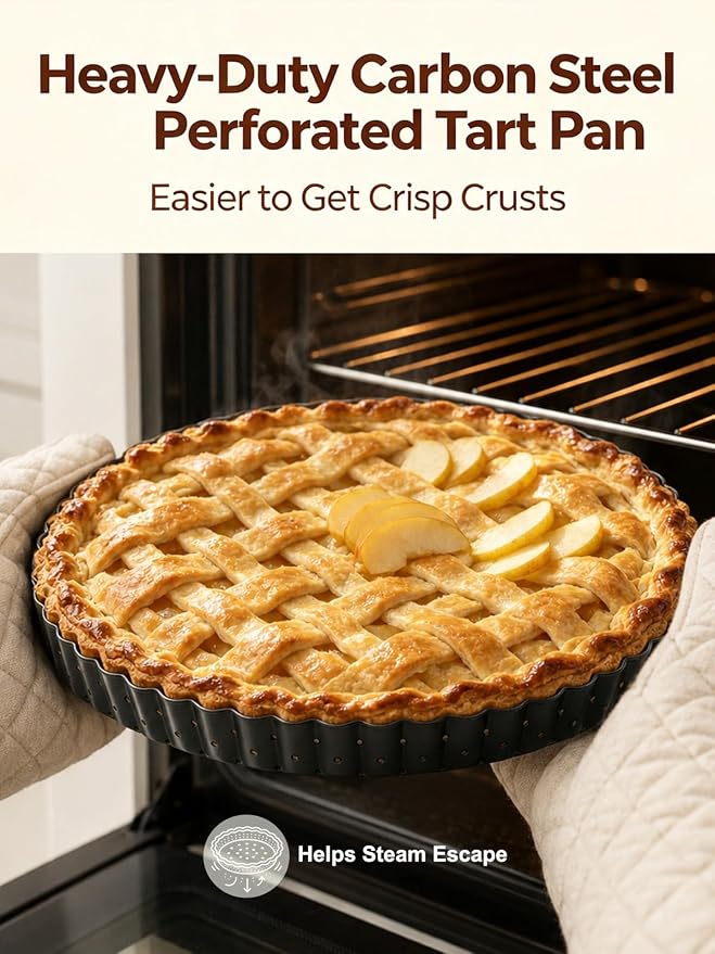 10 Inch Perforated Quiche Pan for Crispy Crust. Removable Bottom, Non-Stick Coating, Rugged Carbon Steel Dish for Tart Quiche Pie Baking. Gift for Christmas Thanksgiving Party