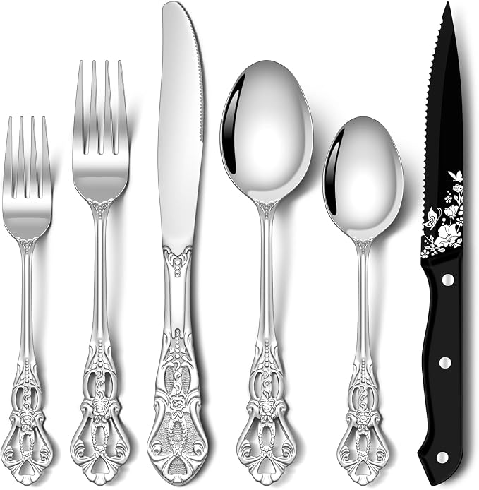 Stapava 48 Pcs Gorgeous Retro Royal Silverware Set with Steak Knives, Stainless Steel Cutlery Flatware Set for 8, Include Forks Spoons and Knives set, Dishwasher Safe Utensils Set, Mirror Polished