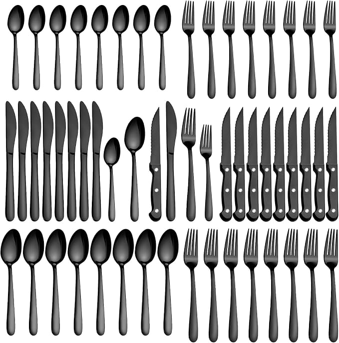 Pleafind 48-Pieces Black Silverware Sets for 8, Flatware Set with Steak Knives, Stainless Steel Cutlery Set, Include Forks Spoons and Knives Set, Dishwasher Safe Utensil Sets for Home Restaurant