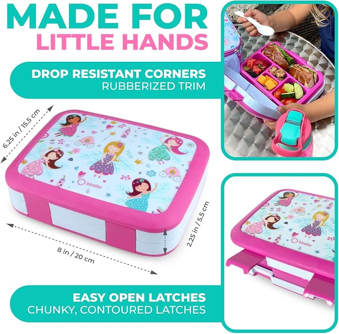 kinsho Bento Lunch Box Container for Small Kids Girls, Pink Fairy Princess | 5 Portion Sections, BPA-Free Spill-Proof Leakproof Removable Plastic Tray, Snacks and Lunches for Toddlers Pre-School Daycare