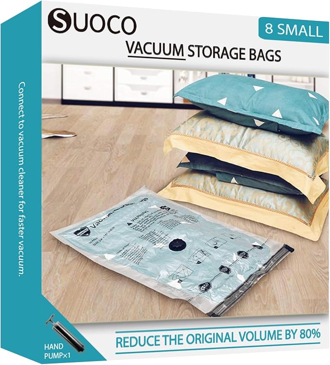 Vacuum Storage Bags, Compression Packing Space Saver Seal Bags for Clothing Bedding Comforters Blankets Pillows, 8 Small