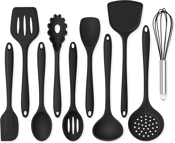 Onader Kitchen Utensils Set, 10 Pieces Black Silicone Cooking Utensils Set | Nonstick Cookware Friendly, Non Toxic & Dishwasher Safe