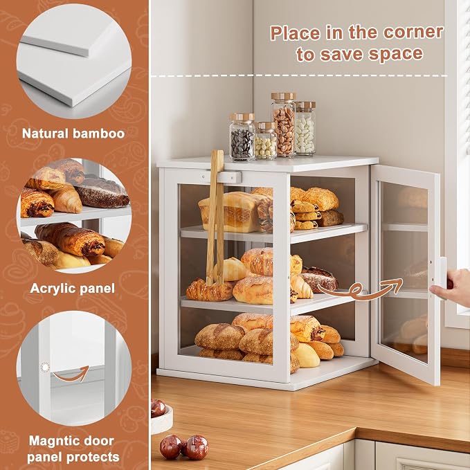 WOWLIVE Bread Box for Kitchen Countertop, 3 Layers Bread Storage Container | Large Bamboo Bread Bin for Homemade Bread with Window, Farmhouse Breadbox Organizer for Kitchen, Cabinet, White, Extra Large