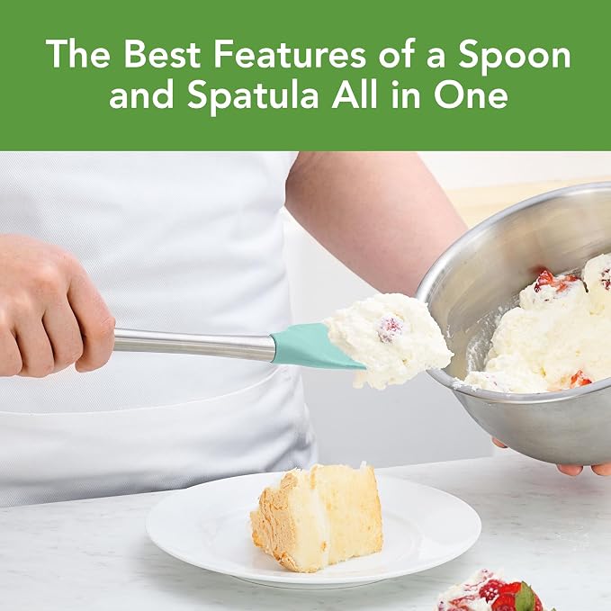 Tovolo Spoon Spatula Spoonula with Stainless Steel Handle Ergonomic Grip Aqua Seafoam Green, Silicone Scoopula Kitchen Utensil Non Scratch Easy Clean Dishwasher Safe Heat Resistant Scoop Spatula