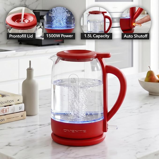 OVENTE 1.5L Glass Electric Kettle Water Boiler, Red KG516R | 1500W Fast Boiling, Easy Fill Lid, Stainless Steel Filter, LED Indicator, Auto Shut-Off, Boil-Dry Protection, 360° Base
