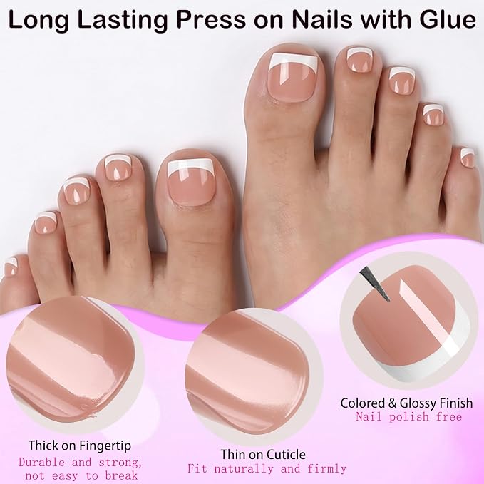 240pc White French Tip Press on Toenails Short Square False Toenail, Coffee Fake Toe Nails Kit with Glue, 12 Sizes Acrylic Glue on Nails Toes Square French Tip Press-on Toe Nail for Women Girls