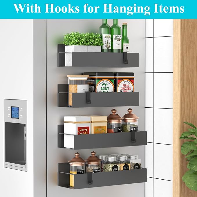Metal Magnetic Spice Rack for Refrigerator Dark Gray, 4 Pack | Magnetic Shelves Heavy Duty for Fridge in Kitchen, Seasoning Storage Organizer, For Oven Washer and Dryer, For Heavier Items