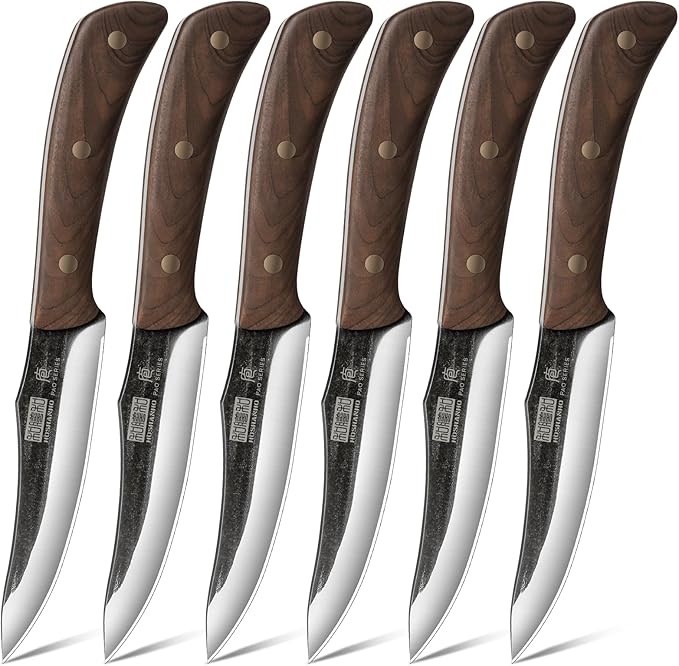 HOSHANHO Steak Knives Set of 6, Sharp 4.5" Non Serrated Steak Knife Set | Hand Forged High Carbon Steel Dinner Steak Knives with Full Tang Wood Handle, Gift with Men