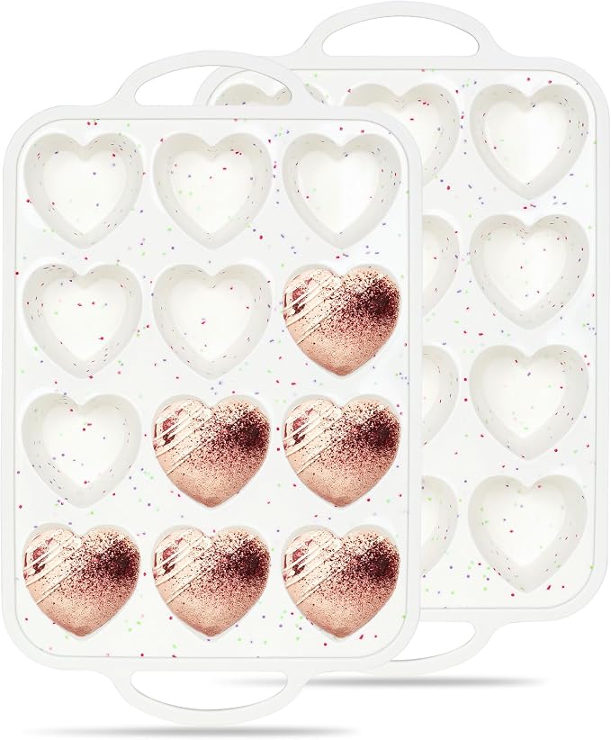 Heart Shaped Muffin Pan, 12 Cup, 2.5 Inch, Cream | 2 Pcs, Metal Reinforced Frame, Nonstick Silicone, Heart Cake Mold for Baking, Cupcake Tray