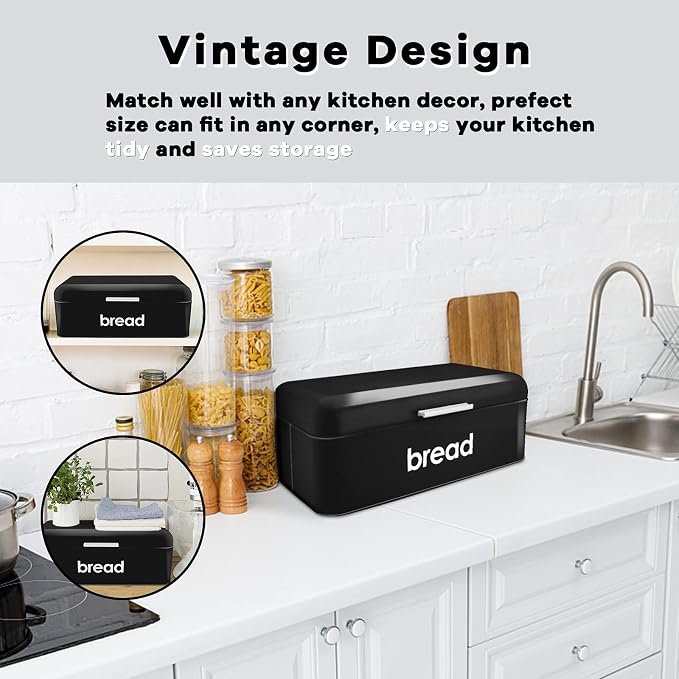 E-far Vintage Bread Box for Kitchen Countertop, Black Metal Bread Storage Container Retro Bread Bin for Pastries/Loaves/Dry Food, Large Capacity & Modern Design (16.7” x 9” x 6.4”)