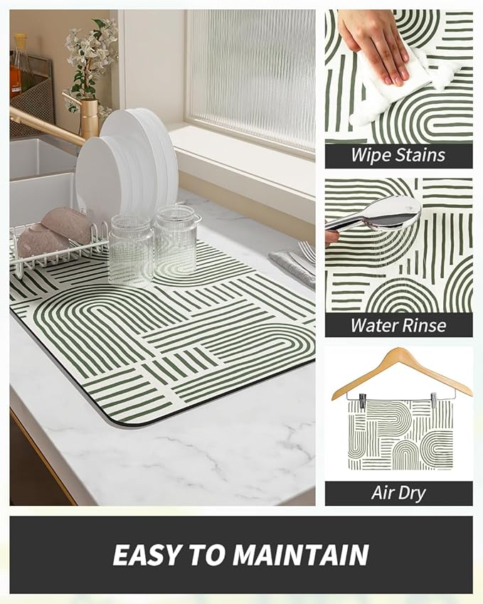 AMOAMI Coffee Mat Hide Stain Rubber Backed Absorbent Dish Drying Mat for Kitchen Counter - Fits Under Coffee Maker & Dish Rack - Green Line 12x19