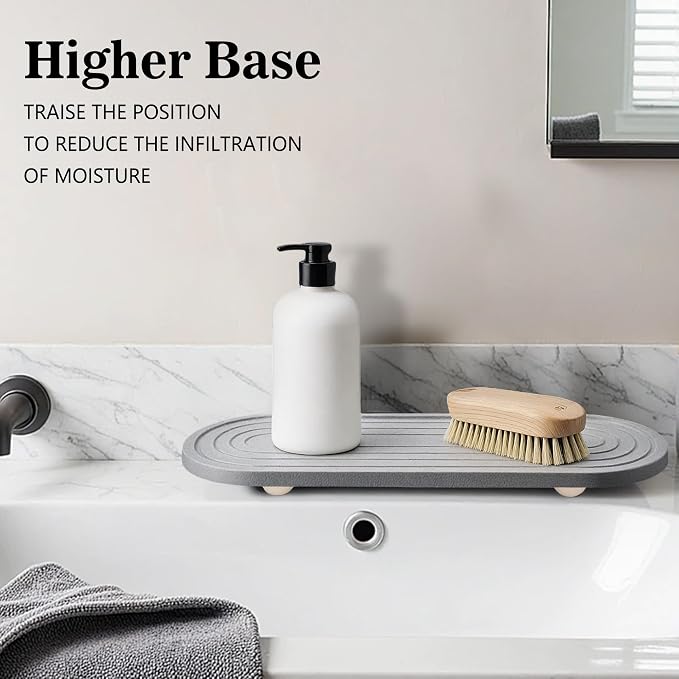 Instant Dry Sink Caddy Organizer, Fast Drying Sink Caddy, Water Absorbing Stone Sponge Holder for Kitchen and Bathroom Countertop with Natural Loofah and Wooden Feet