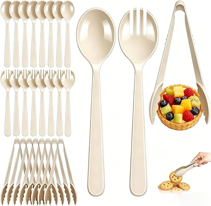24 Pcs Beige Plastic Serving Utensils Set - Heavy Duty Disposable Serving Spoons, Forks & Tongs (8 of Each) - BPA-Free Catering Supplies for Buffets, Parties, Weddings & Events