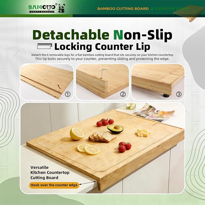 BAMOTTO CRAFTBAMBOO 30 x 21 Inch Extra Large Bamboo Cutting Board — Stovetop Cover, Over the Sink Board, Noodle Board, Butcher Block, Charcuterie Board with Detachable Legs & Non-Slip Lip