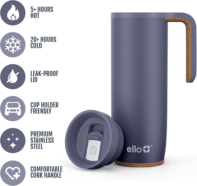 Ello Magnet 18oz Insulated Stainless Steel Travel Mug with Handle, Shadow | Leakproof coffee tumbler with side handle and cork coaster. BPA-free, keeps drinks hot for 5 hours, great for coffee and tea.