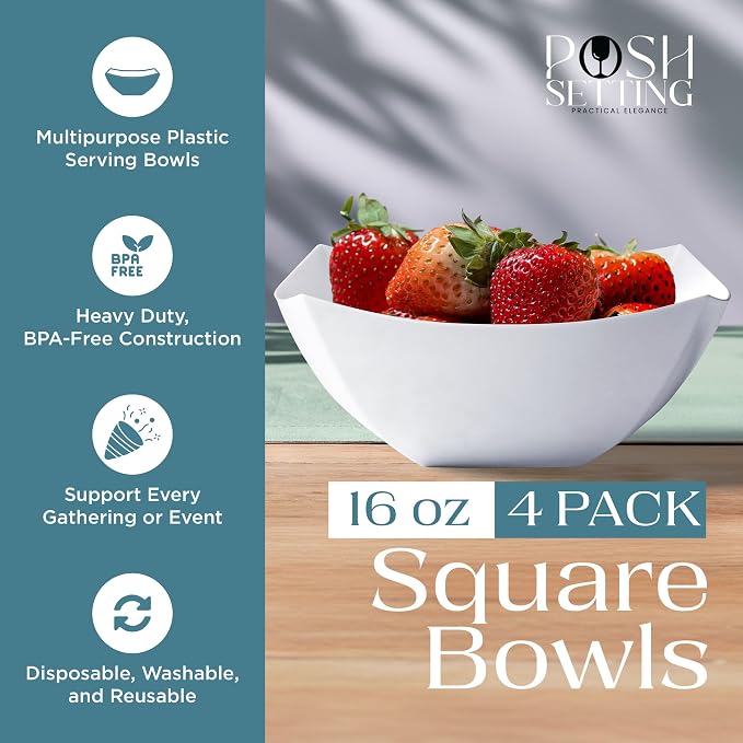 4 Pack Disposable White Plastic Serving Bowls Square Party Candy Use 16oz | Square Design. Disposable Party Tableware. Salad, Fruit & Candy Use. Candy Buffet Containers. White Plastic.
