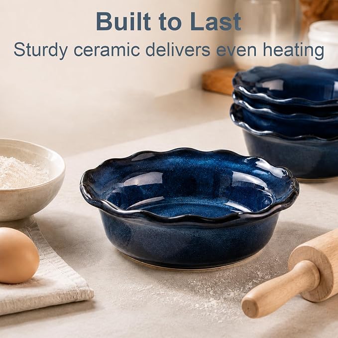 ONEMORE 6 Inch Ceramic Mini Pie Pans Set of 4, Deep Dish Pie Plates with Fluted Edges, Blue Gradient Small Baking Dishes for Pot Pies, Quiche, Tarts and Individual Desserts, Oven Safe