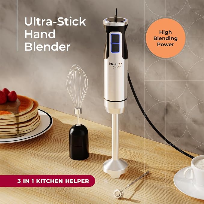 MuellerLiving Ultra-Stick Immersion Hand Blender, 500W Heavy Duty Motor, 8-Speed Turbo Setting, Includes Blending Shaft, Whisk, Milk Frother & Measuring Beaker | 500W Heavy Duty Motor | 8-Speed Turbo Setting | Includes Blending Shaft, Whisk, Milk Froth...
