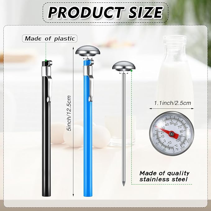 Xuhal 6 Pcs Stainless Steel Kitchen Thermometer with 5 Inch Long Stem 1 Inch Dial Thermometer Milk Frothing Food for Oven Probe Meat Grill BBQ Cooking Chocolate Water(Multicolor)