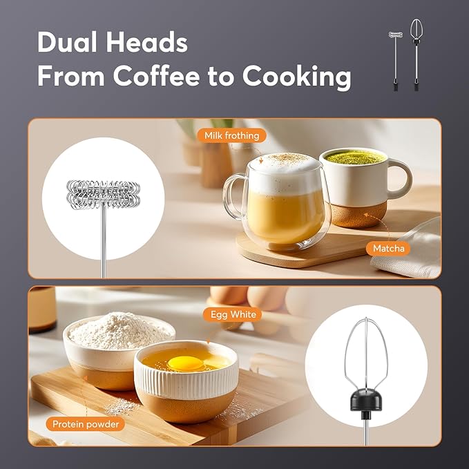 MF02 Rechargeable Milk Frother Handheld Foam Maker with Stainless Whisk for Cappuccino, Latte, Bulletproof Coffee, Keto Diet, Protein Powder, Matcha (Dark Black)