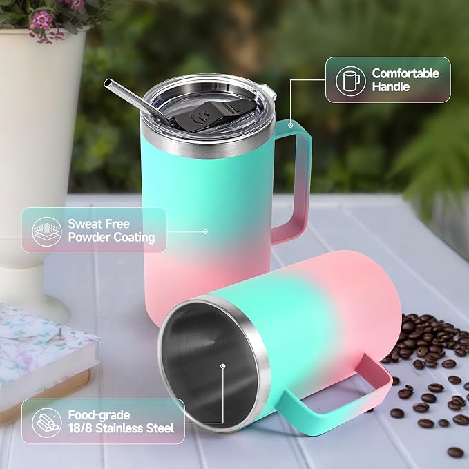 Volhoply 22oz Insulated Stainless Steel Coffee Mug with Leakproof Lid,Double Wall Vacuum Travel Coffee Cup with Handle,Reusable Metal Tumbler,Camping Mugs Keep Hot&Cold(Green Pink,1)