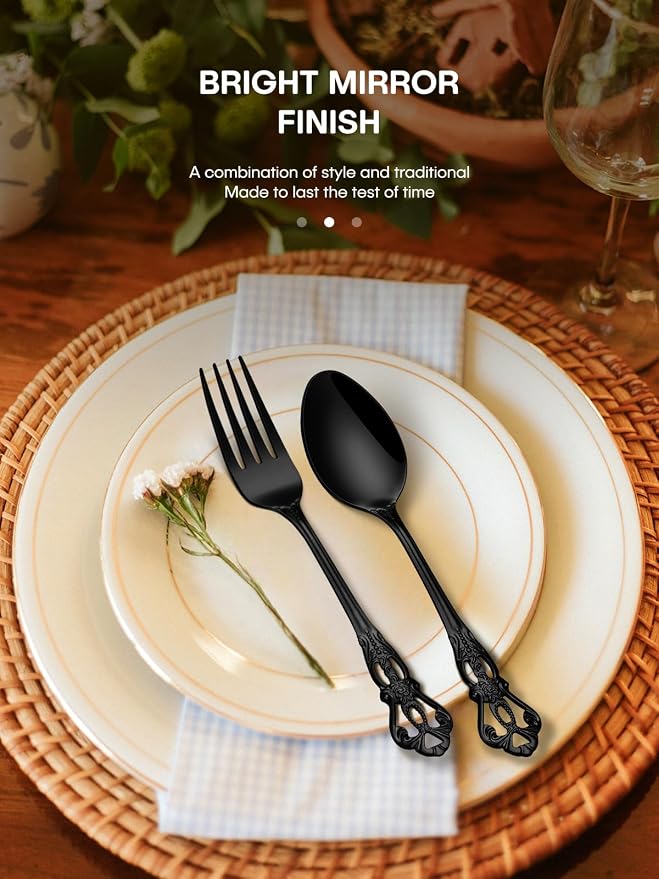 Stapava 30 Pcs Black Silverware Set, Gorgeous Retro Royal Silverware Set for 6, Stainless Steel Mirror Flatware Cutlery Set, Include Forks Spoons and Knives set, Dishwasher Safe Utensils