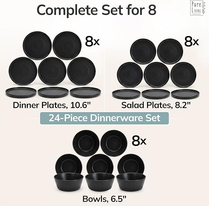 24 Piece Black Dinnerware Set for 8 | Matte Black Plates and Bowls Sets, Modern Stoneware Black Dishes Set | Scratch Resistant, Dishwasher & Microwave Safe | Matte Black Finish Ultra-Chic & Modern