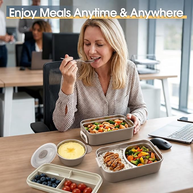 Kabbas 18/8 Stainless Steel Bento Box for Kids & Women – 66 Oz Leakproof Lunch Containers for Adults, 2Layers Stackable Metal Lunch Box with Cutlery & Insulated Bag – Ideal for Work, School, Picnic