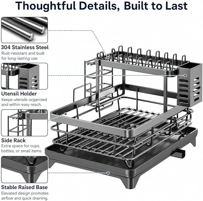 2-Tier 304 Stainless Steel Dish Drying Rack for Kitchen Counter, Gray | Dish rack separates plates, bowls, cups and utensils, while side drainage directs water toward the sink.