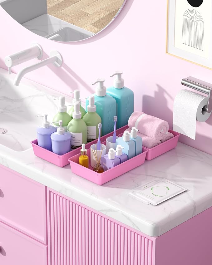 10 Pack Large Size Plastic Drawer Organizers Set, 3 Sizes Desk Drawer Organizer Trays, Storage Bins for Vanity, Makeup, Bathroom, Kitchen Utensils and Office (Pink)