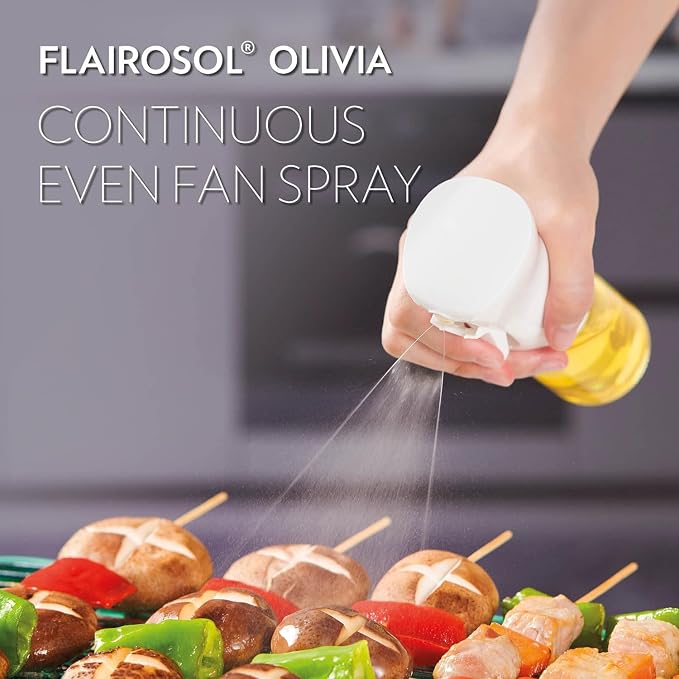 FLAIROSOL OLIVIA SIGNATURE Oil Sprayer, 130ml Glass, Golden Leaves | Portion control mist for air fryer, salad, BBQ, refillable & reusable, fine mist olive oil kitchen sprayer, anti-drip