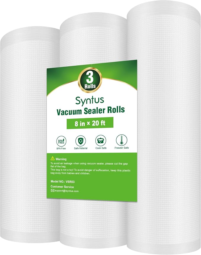 Syntus 3 Rolls 8" x 20' Vacuum Sealer Bags, BPA Free for Food Storage | 4mil Thick, Custom Length, Keep Food Fresh Longer, Freezer Microwave Sous Vide Cooking, Works with Most Vacuum Sealers