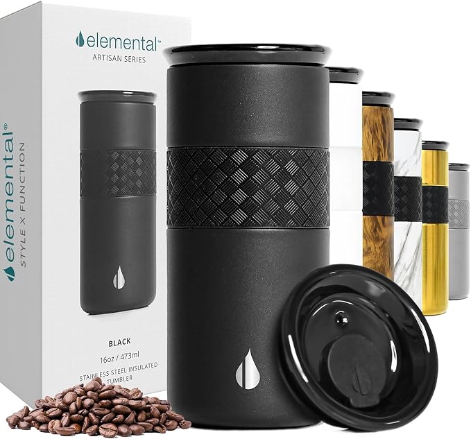 Elemental Artisan 16oz Triple-Wall Insulated Coffee Tumbler w/Ceramic Lid | Triple Wall Coffee Travel Mug, Reusable Stainless Steel Coffee Tumbler; Thermal Coffee Cups for Hot (6 Hrs) & Cold (18 Hrs)