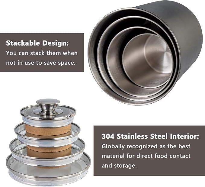 malmo Stainless Steel Food Canister Set of 4-Piece, 16/49/85/132 Ounces,Airtight Containers with Glass Lid for Tea,Coffee,Sugar,Flour,Pantry Kitchen Storage Storeroom Counter (Black)