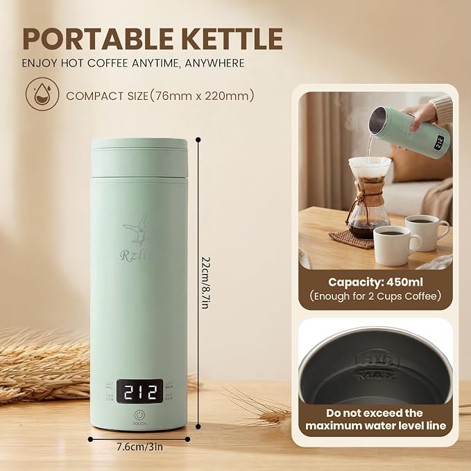 Portable Electric Kettle forTravel, Small Hot Water Kettle with NTC Temperature Control and Auto Shut-Off, 316 Stainless Steel, Green 120V & 15oz