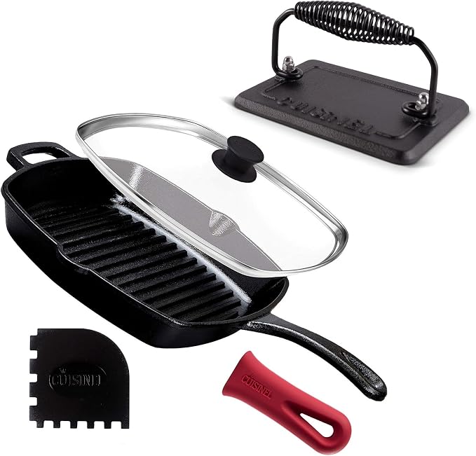 Cuisinel 10.5-Inch Square Cast Iron Grill Pan Set – PFAS & PFOA-Free Pre-Seasoned Ribbed Skillet with Grill Press, Glass Lid & Pan Scraper – Indoor Stovetop, Grill & Camping Cookware