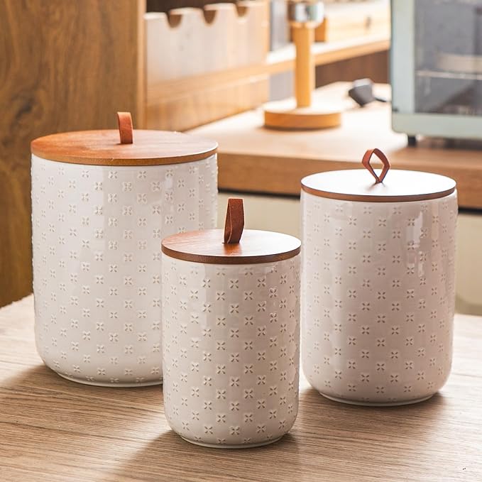 Mowtanco Embossed Ceramic Canister Set with Airtight Bamboo Lid | 30/48/82 oz White Ceramic Kitchen Jar Set, Countertop & Pantry Organization for Coffee, Sugar, Flour, Tea & Snacks
